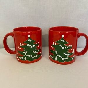 Two vintage red W. Germany Waechtersbach Christmas tree mugs double-sided